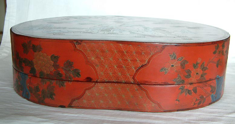 antique Chinese lacquered papier mache heart shaped box